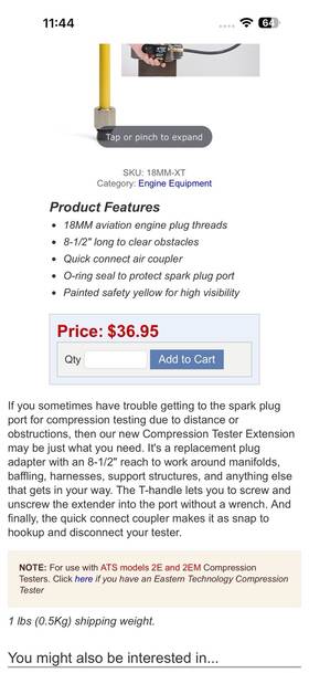 18mm-xt Aircraft Tool Supply Compression Leak Down Tester Extension